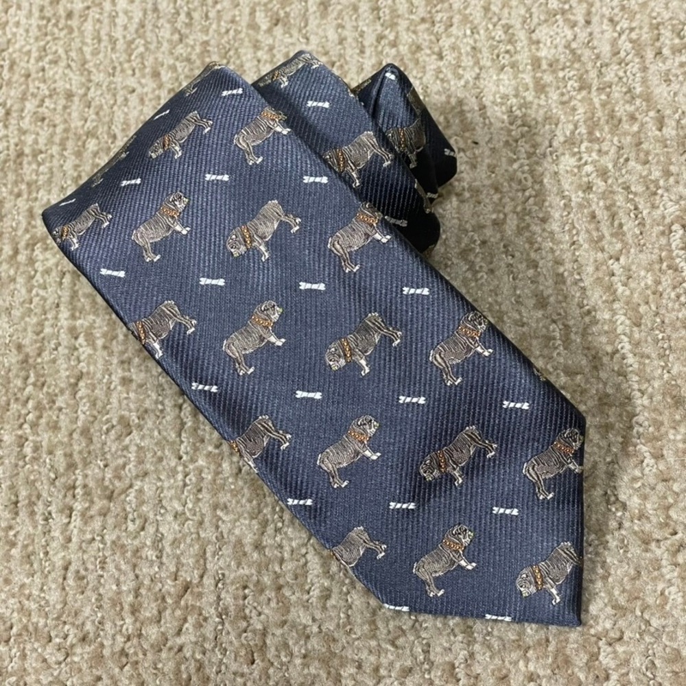 Rockin Sartorial Necktie Mens Navy Blue Silk Bulldog Dog Lover Whimsical AOP‎